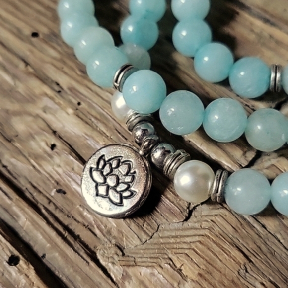 AMAZONITE LOTUS MALA BEADS ZEN WRAP BRACELET NECKLACE - Picture 1 of 9